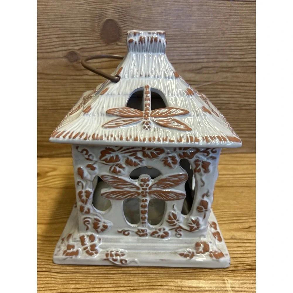 Partylite‎ Pottery Dragonfly White Terra Cotta Candle Lantern Hut Leaves - Picture 4 of 7